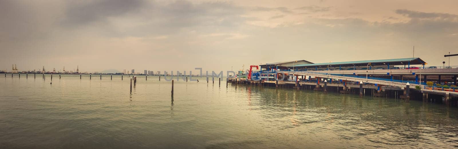 Georgetown coastline at sunset time, Penang, Malaysia. Panorama