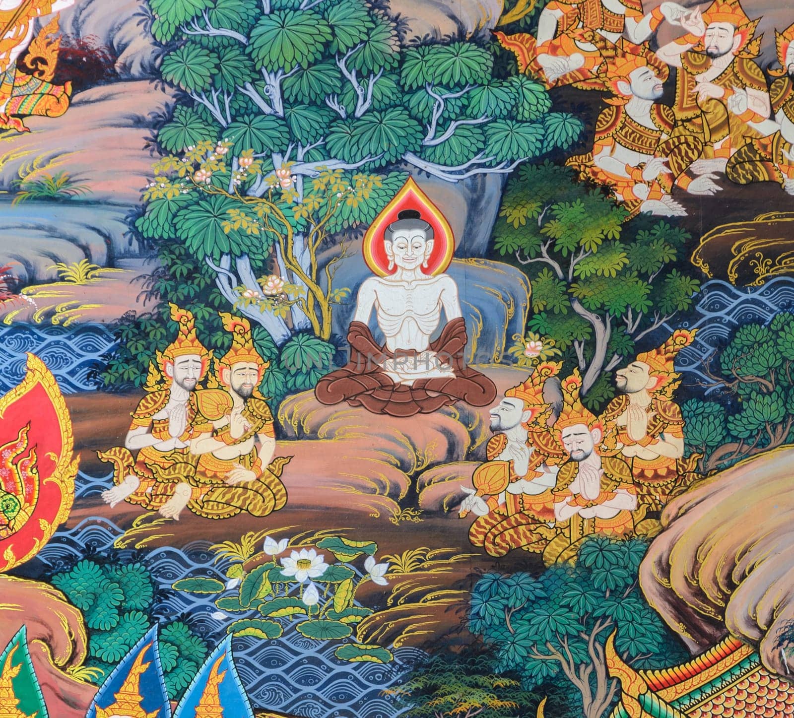 AYUTTHAYA ,THAILAND - MARCH 4, 2015 : Ancient Buddhist temple mural painting of the life of Buddha inside of Wat Phra khao in Ayutthaya, Thailand