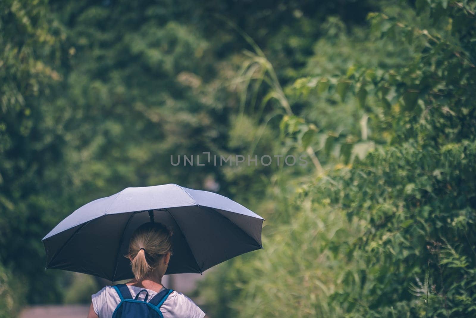 A view of a blond woman holding an umbrella while walking in a tree-covered field
