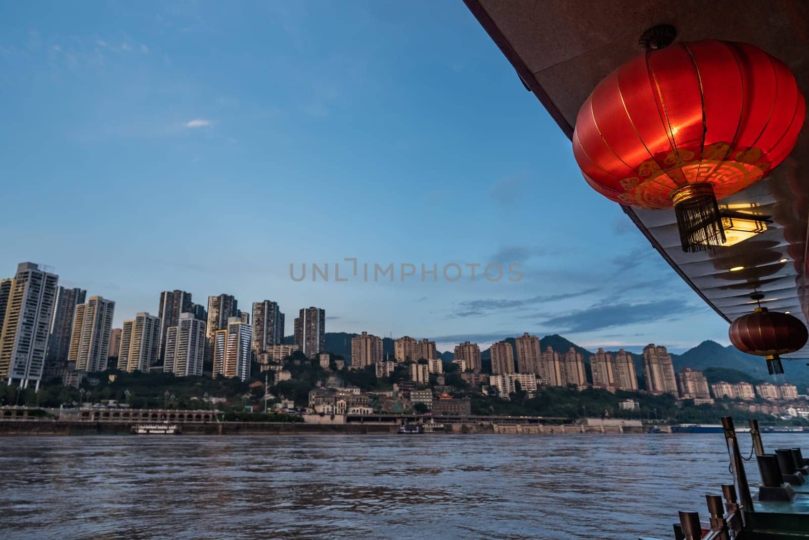 A shot of the city skyline, Yangtze river and Chinese red lanterns, China