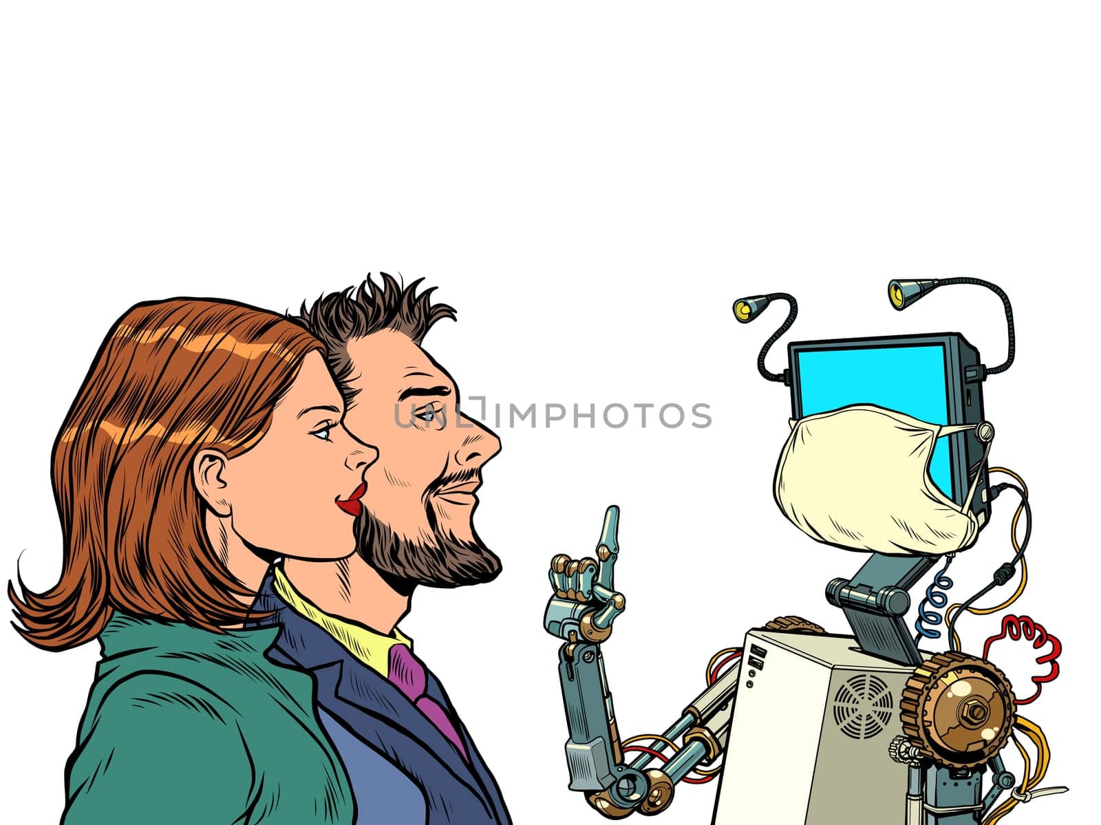 The robot teacher. Distance education during the epidemic. Pop art retro vector illustration vintage kitsch 50s 60s style