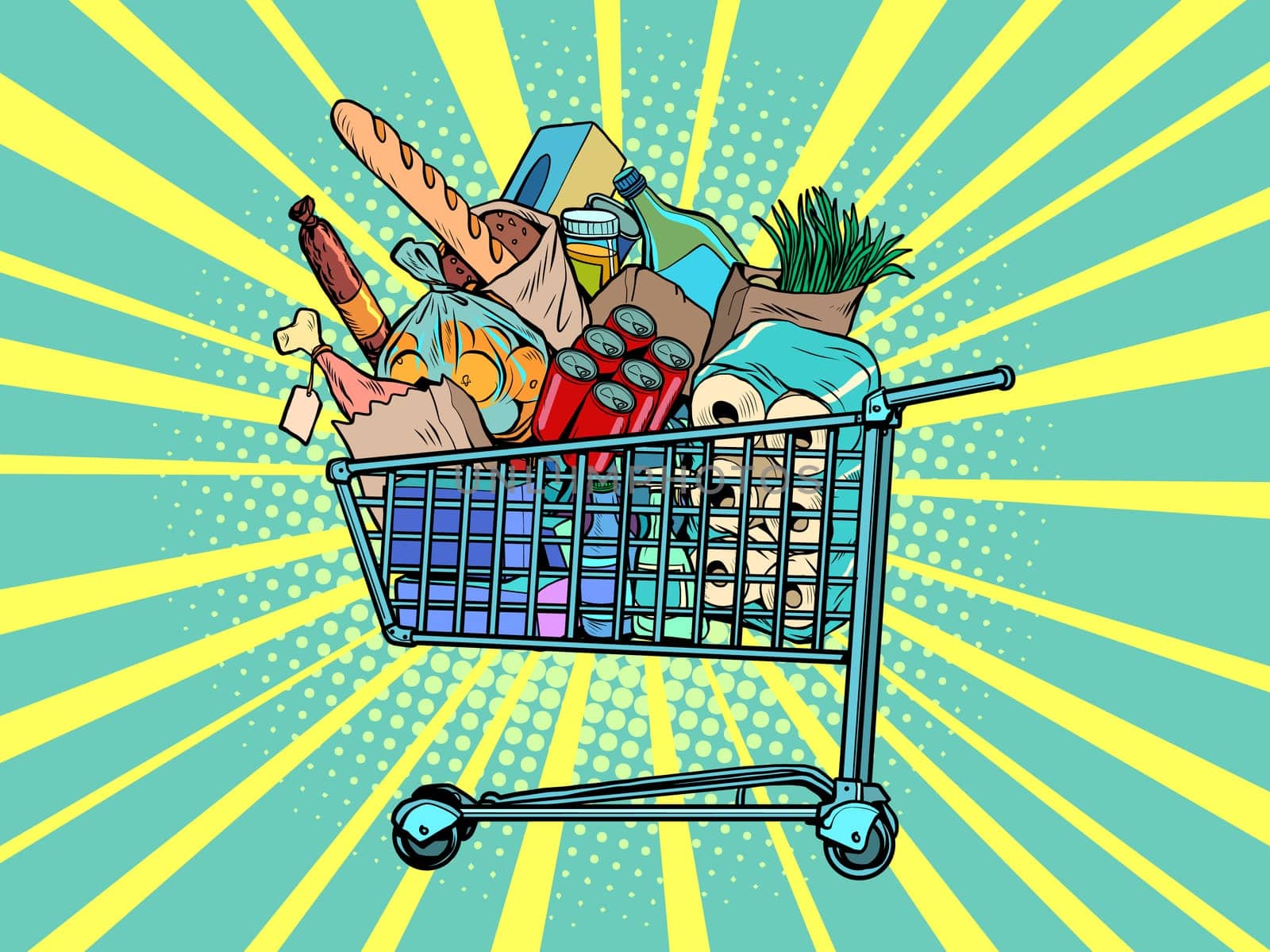 a grocery cart full of purchases. Pop art retro vector illustration kitsch vintage 50s 60s style