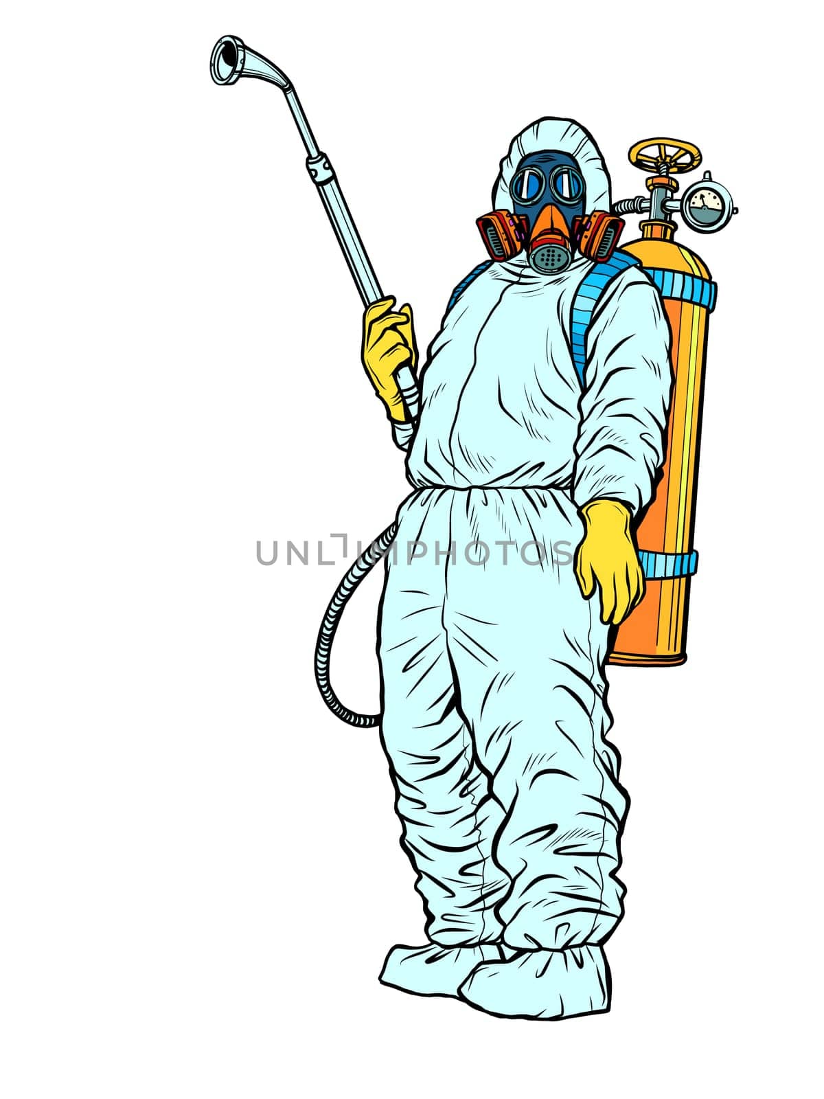 disinfection suit protection epidemic virus bacterium infection. Pop art retro vector illustration kitsch vintage 50s 60s style