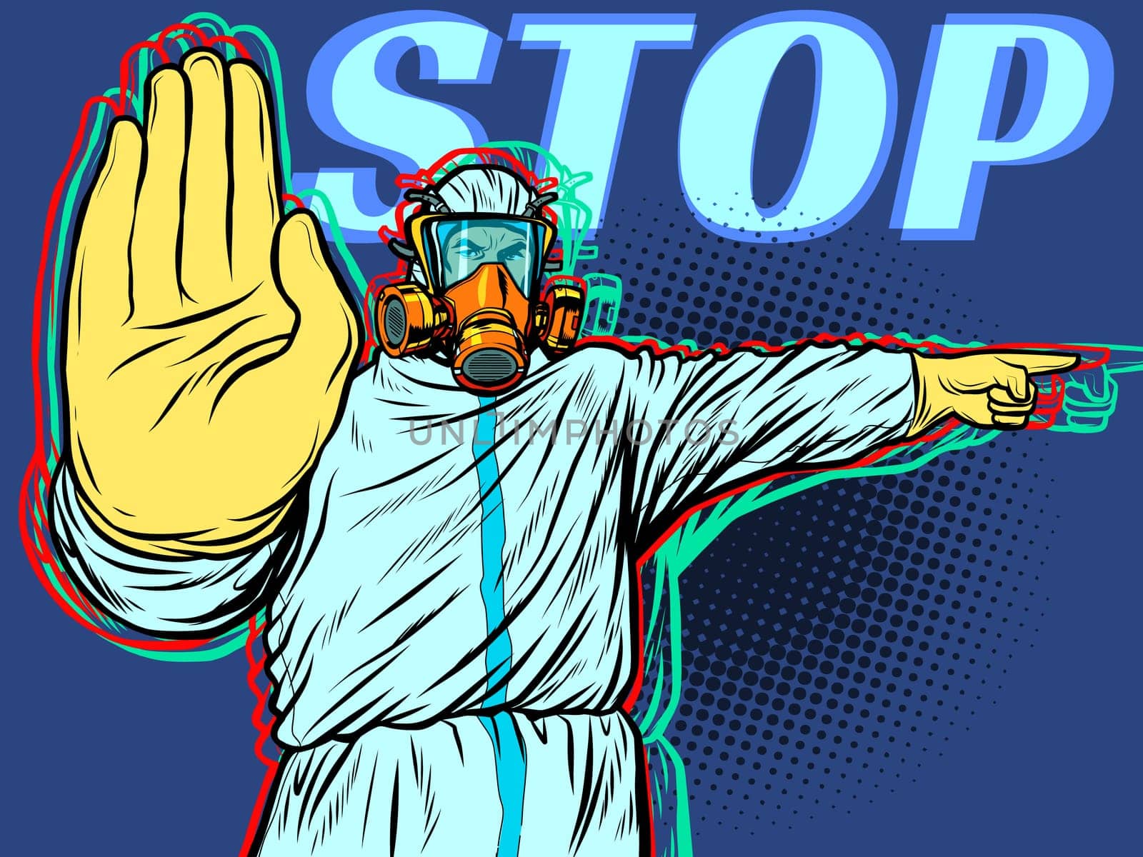 Medic quarantine stop protection suit. Pop art retro vector illustration kitsch vintage 50s 60s style