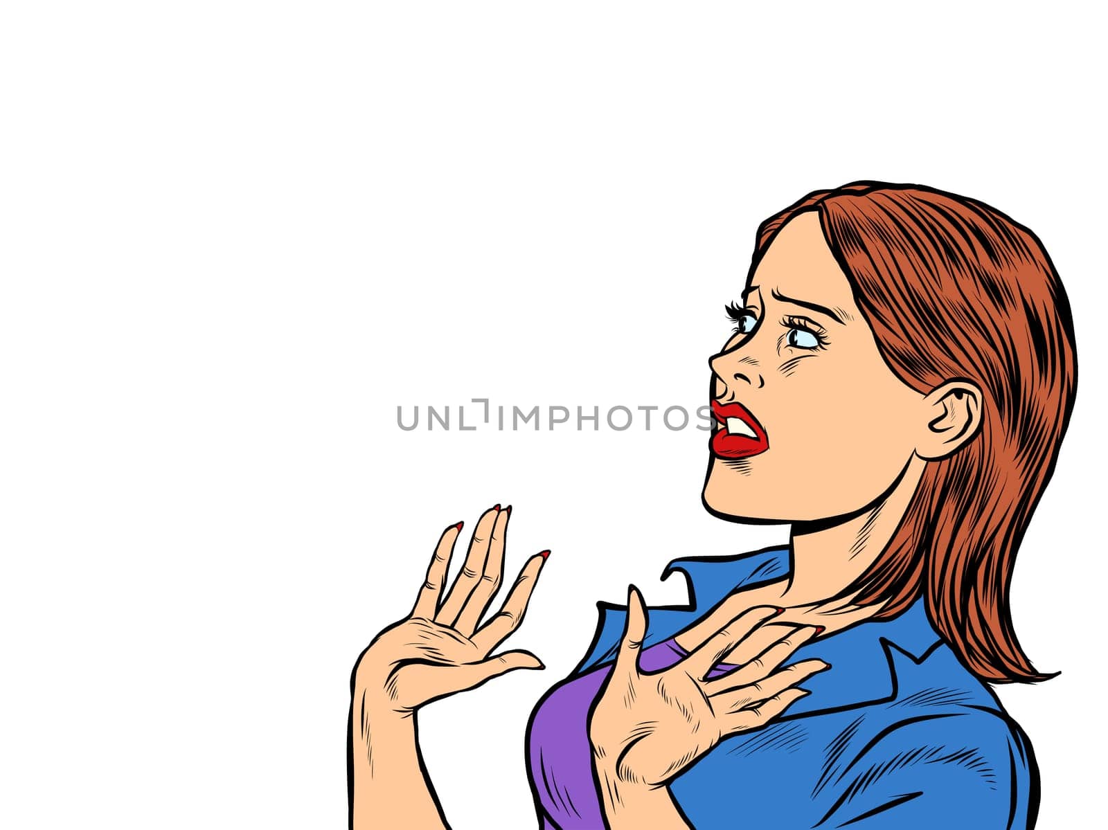 Woman scared emotions reaction. Pop art retro vector illustration vintage kitsch 50s 60s style