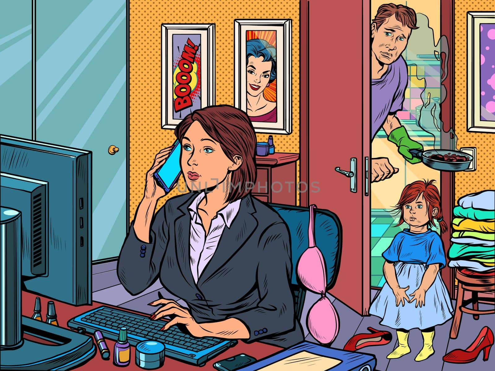 woman work at home freelance epidemic self isolation quarantine. Pop art retro vector illustration kitsch vintage 50s 60s style
