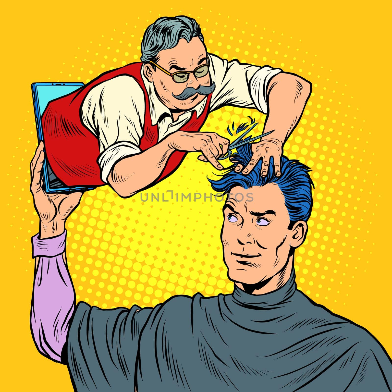 remote work online help. a male Barber makes a haircut. Pop art retro vector illustration kitsch vintage 50s 60s style