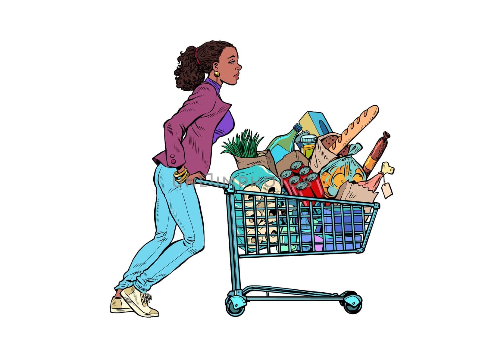 African woman with a full grocery cart. Pop art retro vector illustration kitsch vintage 50s 60s style