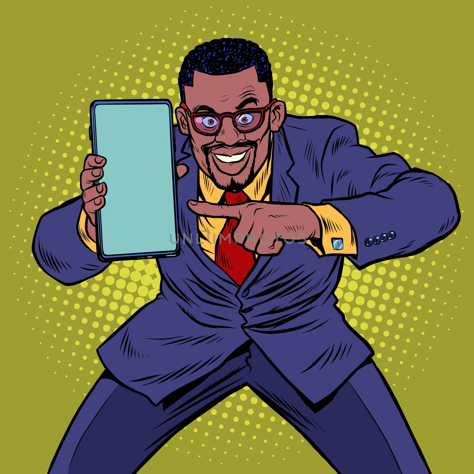 african businessman shows on smartphone. Mobile technologies and new gadgets. Pop art retro vector illustration kitsch vintage 50s 60s style
