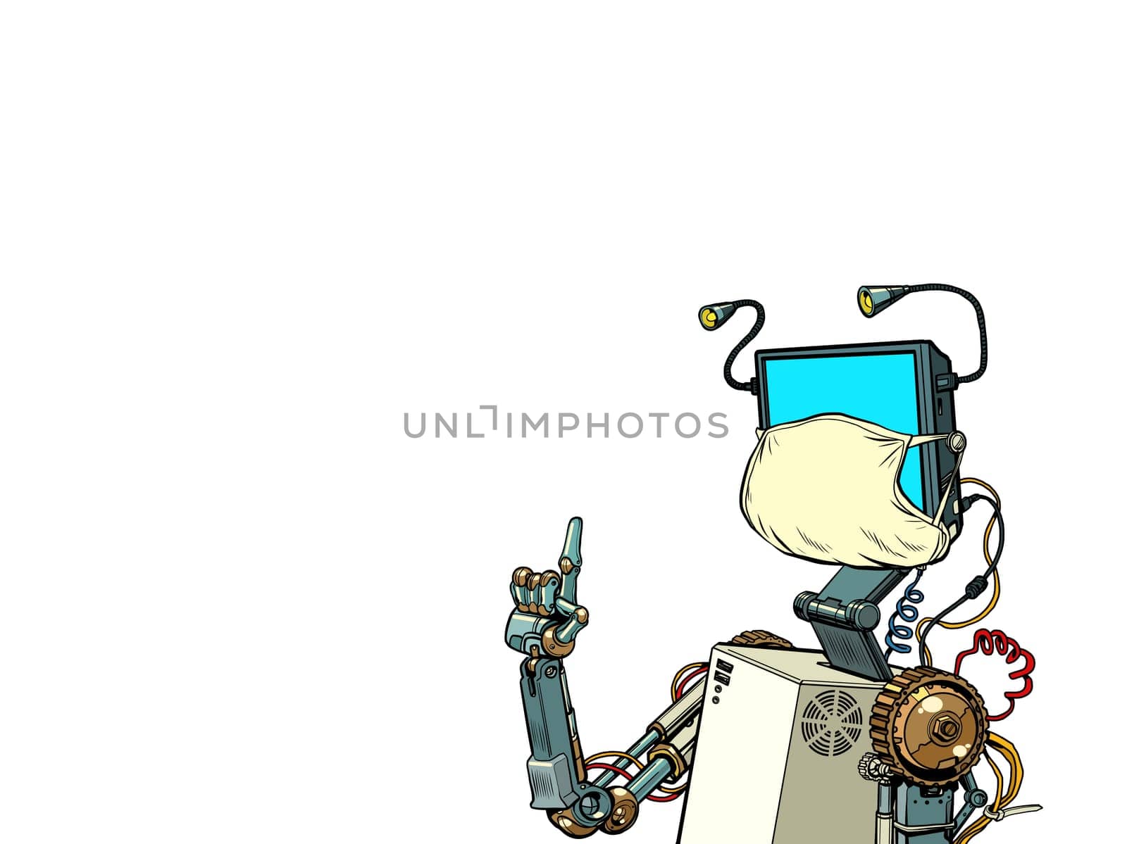 The robot teacher. Distance education during the epidemic. Pop art retro vector illustration vintage kitsch 50s 60s style