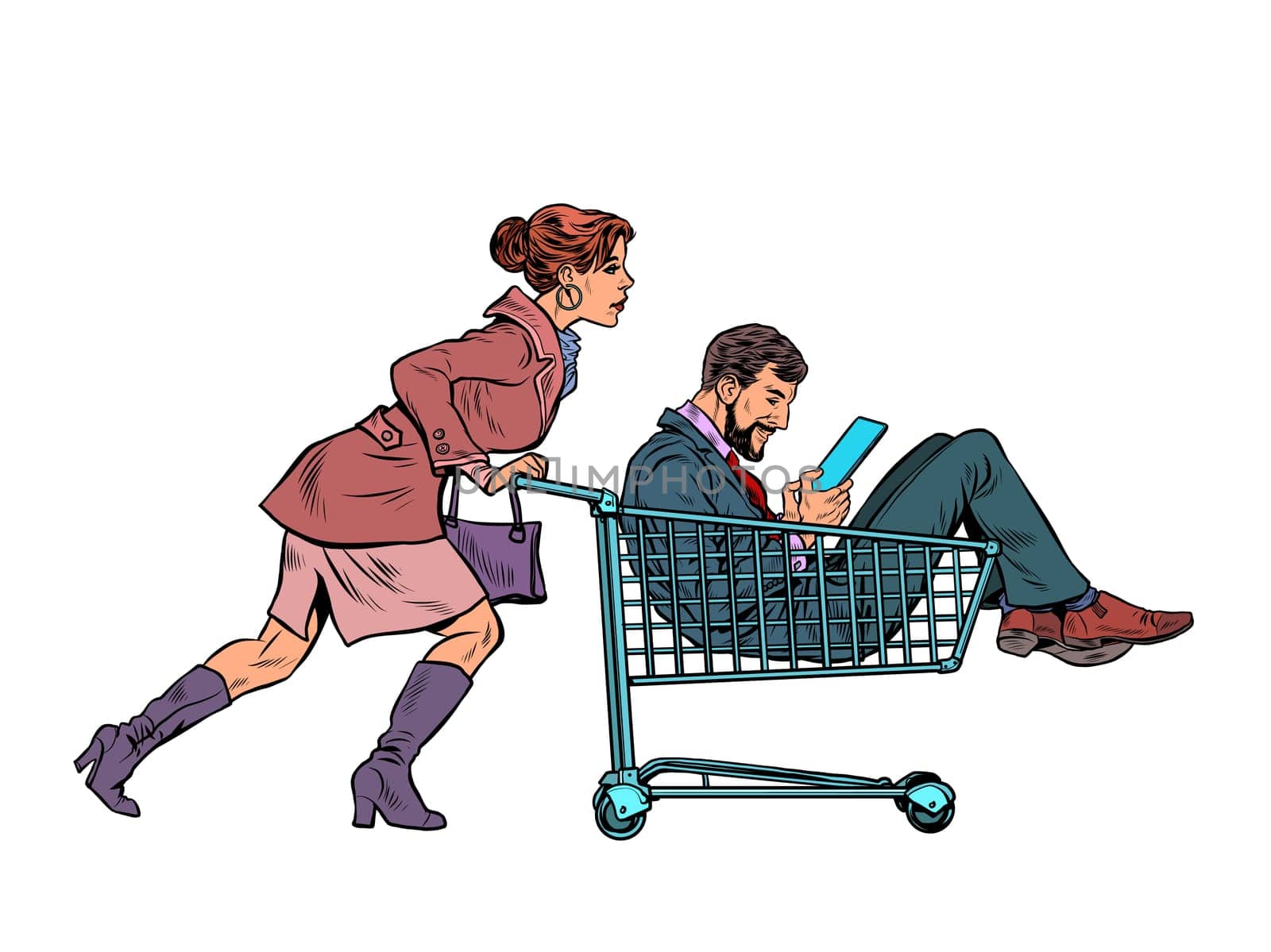 Woman with a man in a shopping cart in a supermarket. Pop art retro vector illustration kitsch vintage 50s 60s style