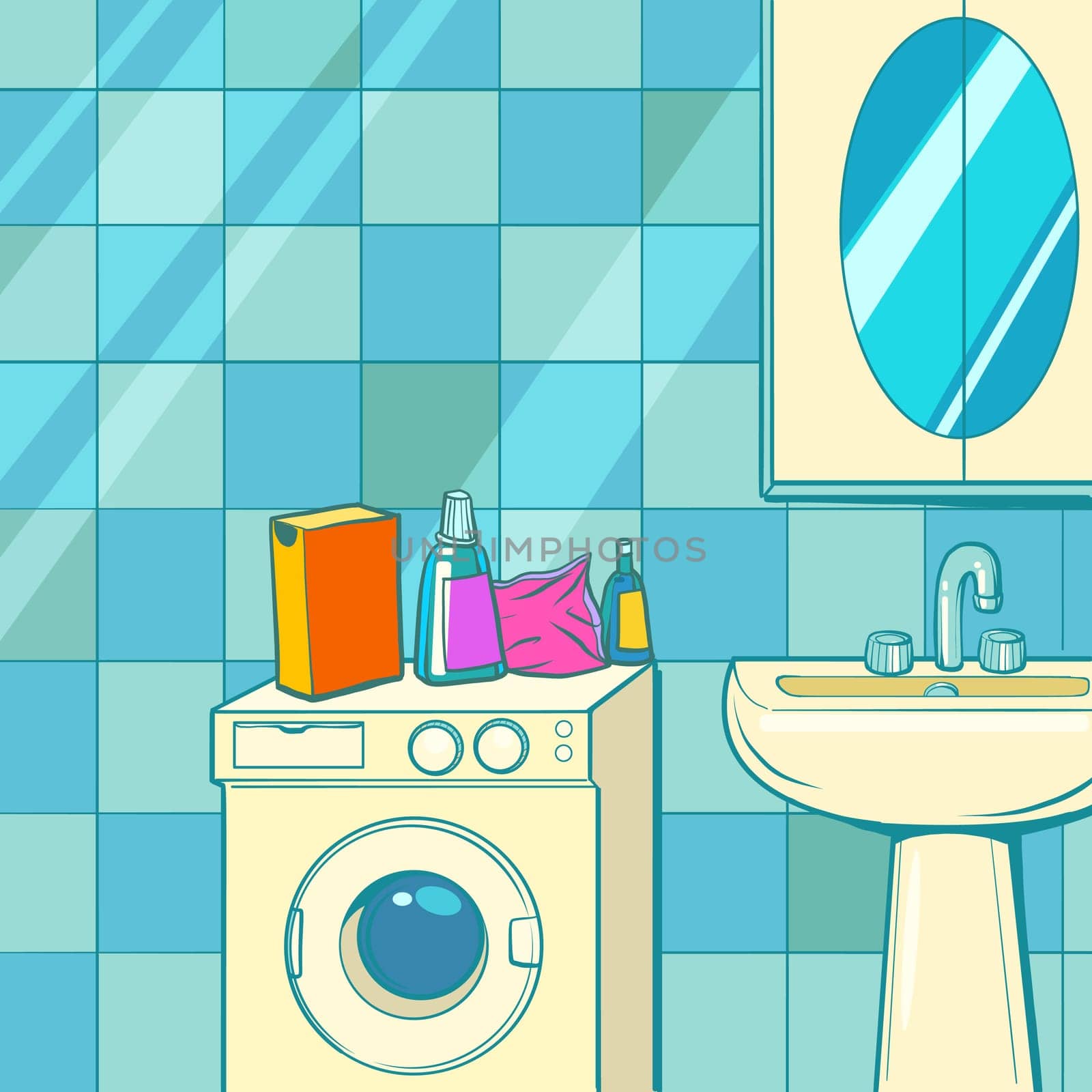 bathroom with washing machine and washbasin background. Pop art retro vector illustration kitsch vintage 50s 60s style