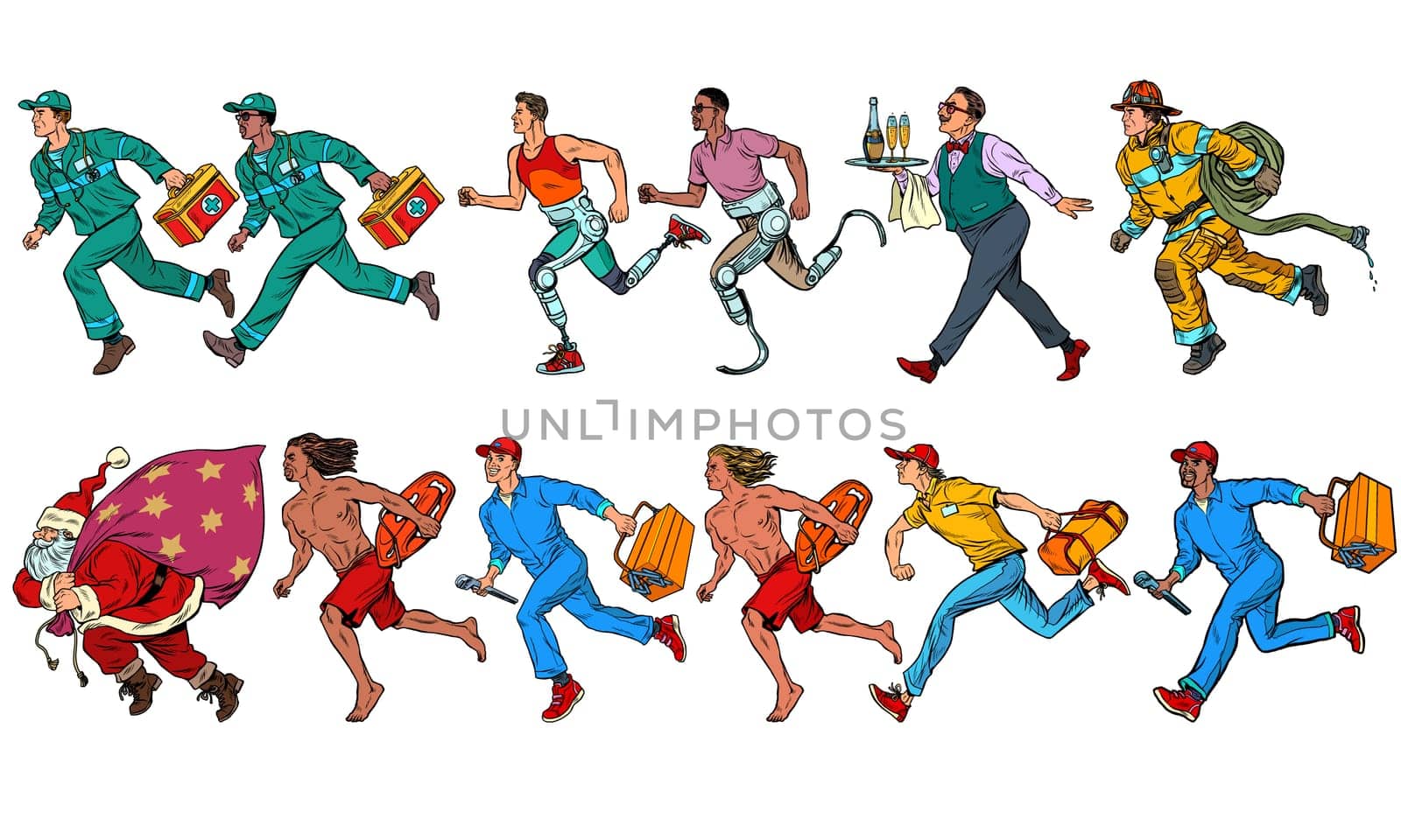 A set of collection business services. Rescue repairman Santa firefighter athlete disabled courier. Pop art retro vector illustration kitsch vintage 50s 60s