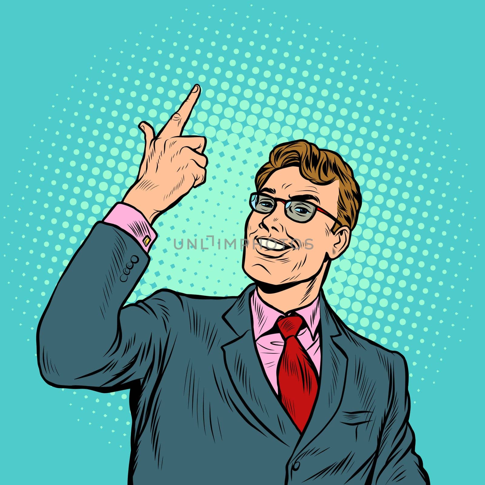 The businessman smiles a greeting gesture. Pop art retro vector illustration vintage kitsch 50s 60s style
