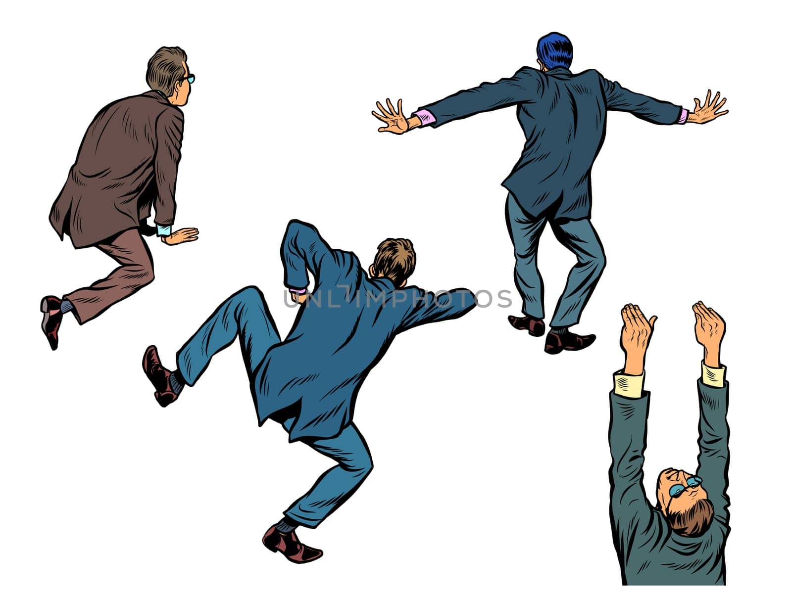 Figure businessman climbs over the wall. Pop art retro vector illustration kitsch vintage 50s 60s style