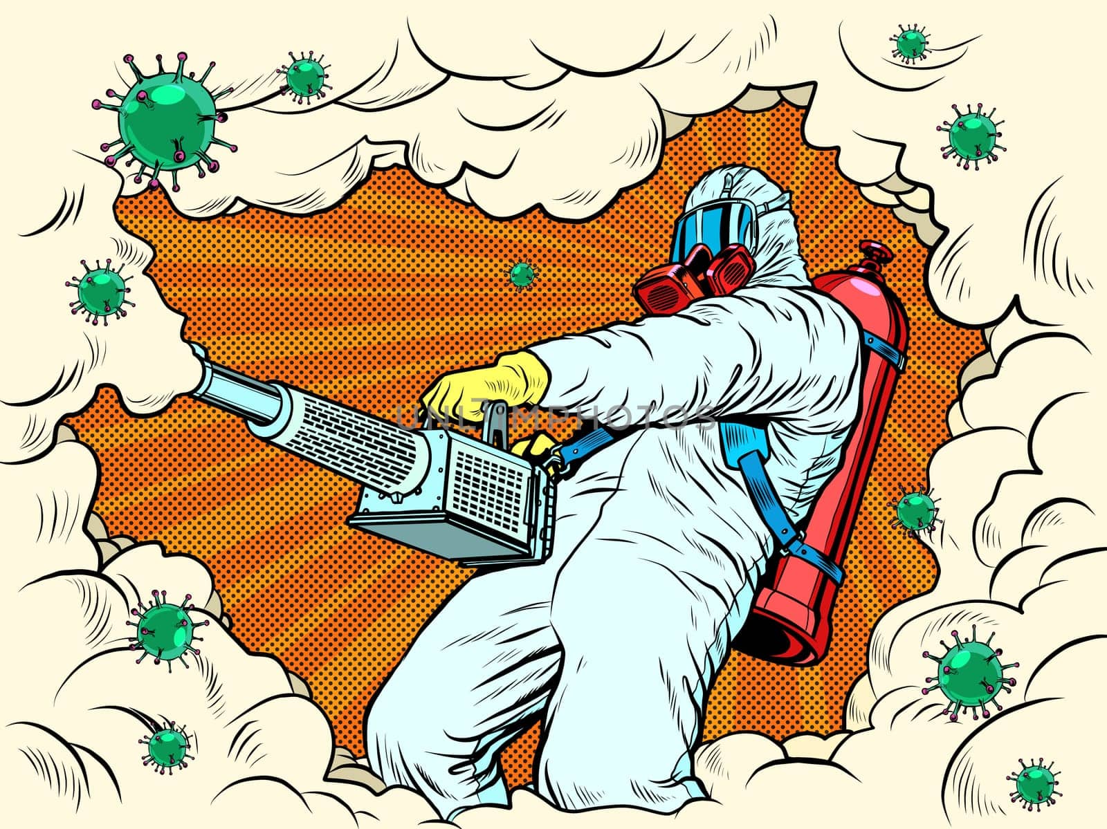 disinfection suit protection epidemic virus bacterium infection. Pop art retro vector illustration kitsch vintage 50s 60s style