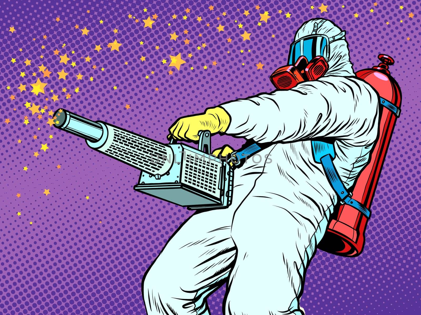 disinfection suit protection epidemic virus bacterium infection. Pop art retro vector illustration kitsch vintage 50s 60s style