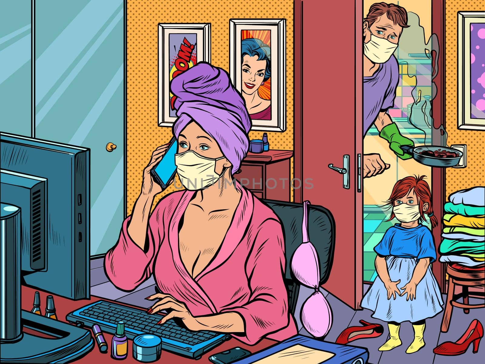 woman work at home freelance epidemic self isolation quarantine. Pop art retro vector illustration kitsch vintage 50s 60s style