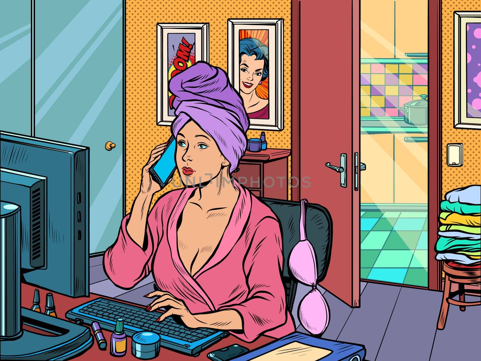 woman work at home freelance epidemic self isolation quarantine. Pop art retro vector illustration kitsch vintage 50s 60s style