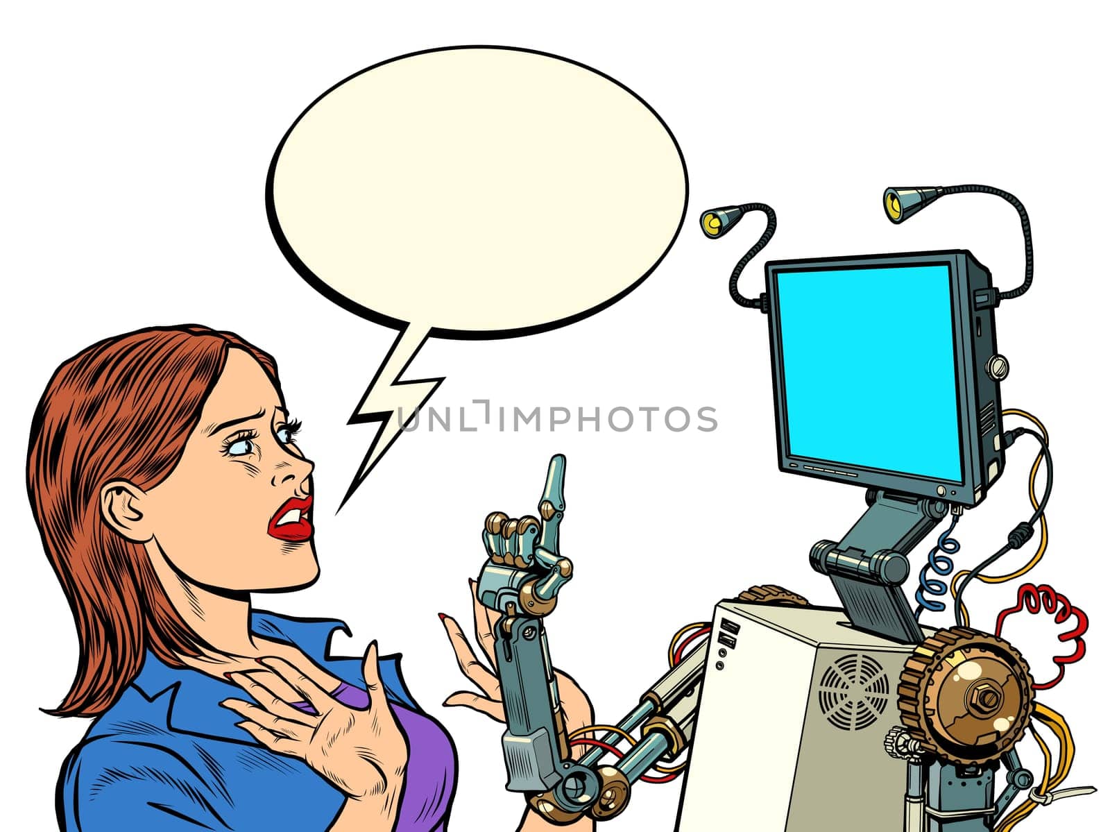 woman and robot. New technologies. Pop art retro vector illustration vintage kitsch 50s 60s style