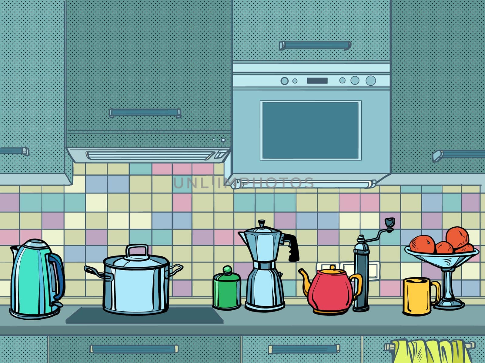 home kitchen mockup background. Pop art retro vector illustration kitsch vintage 50s 60s style
