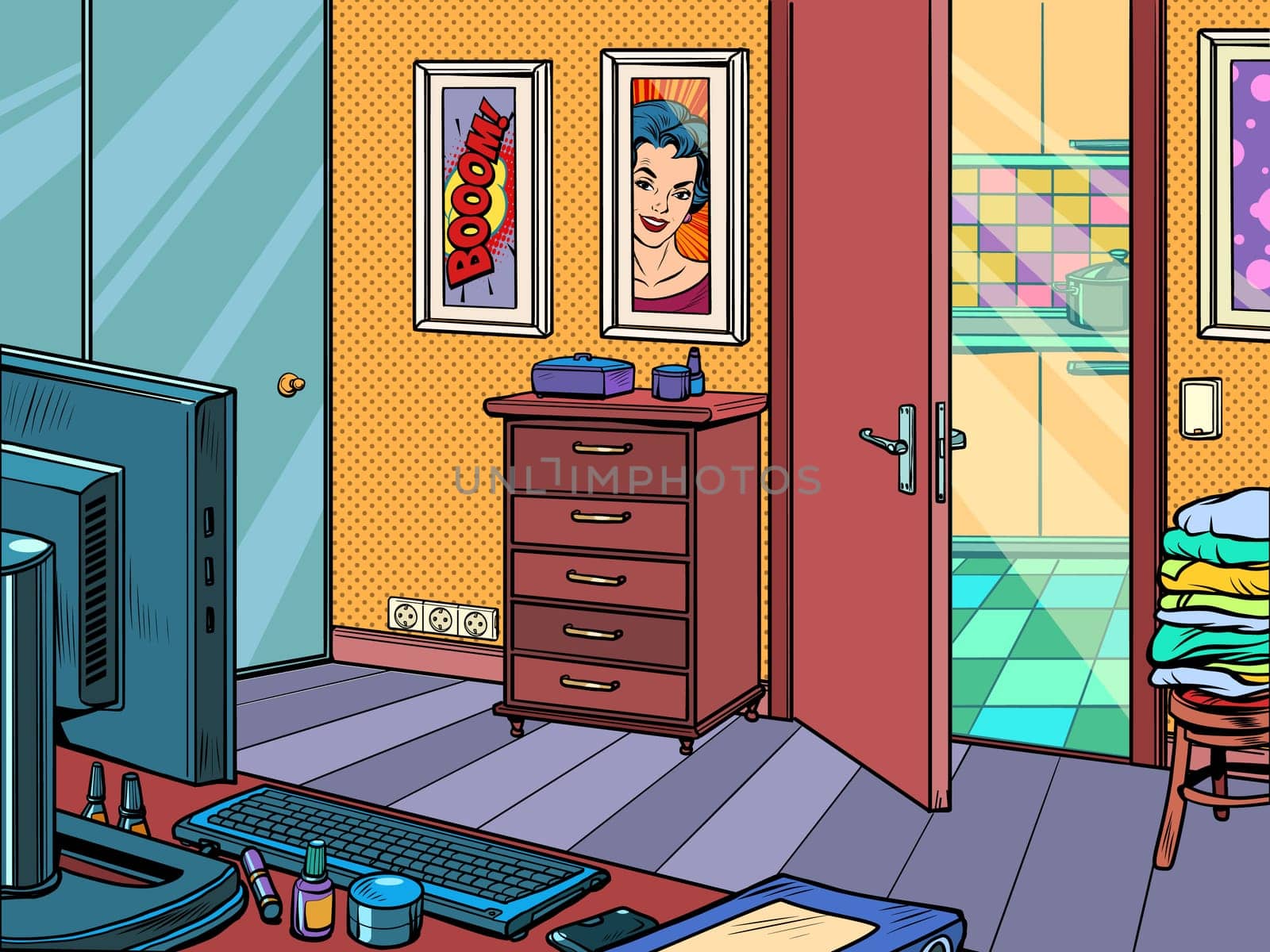 home office mockup background. Pop art retro vector illustration kitsch vintage 50s 60s style