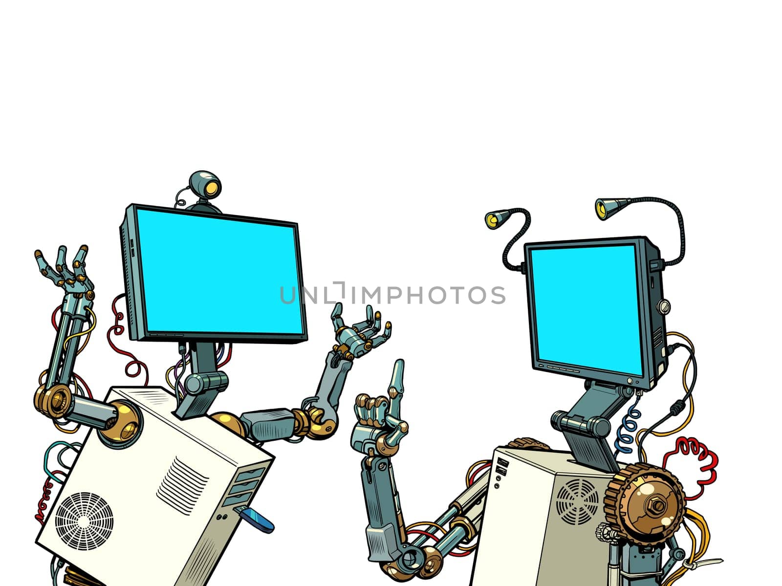 two robots communicate. Pop art retro vector illustration vintage kitsch 50s 60s style