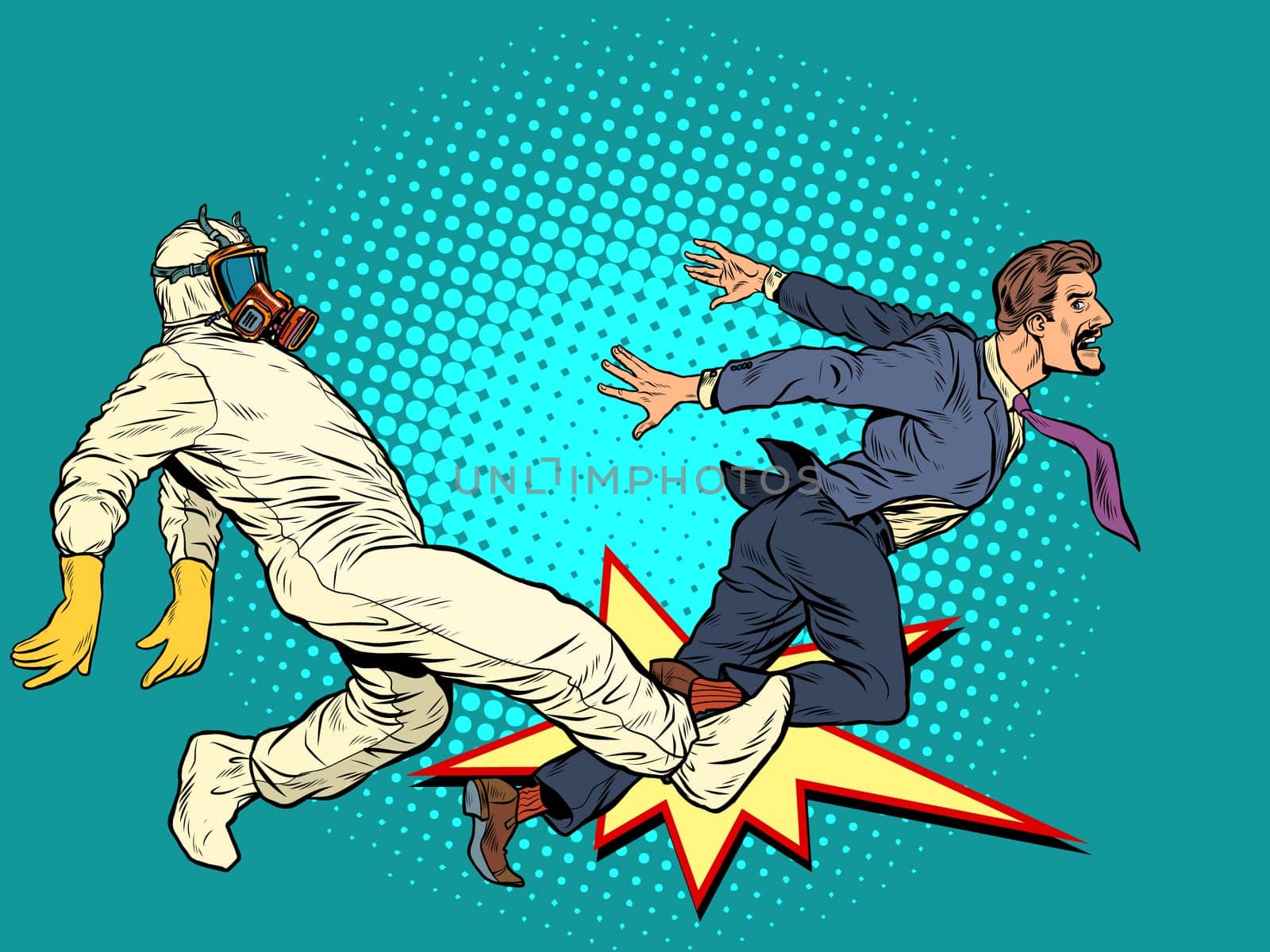 violator of isolation mode, doctors catch the patient. doctors in protective suits pandemic. Pop art retro vector illustration kitsch vintage 50s 60s style