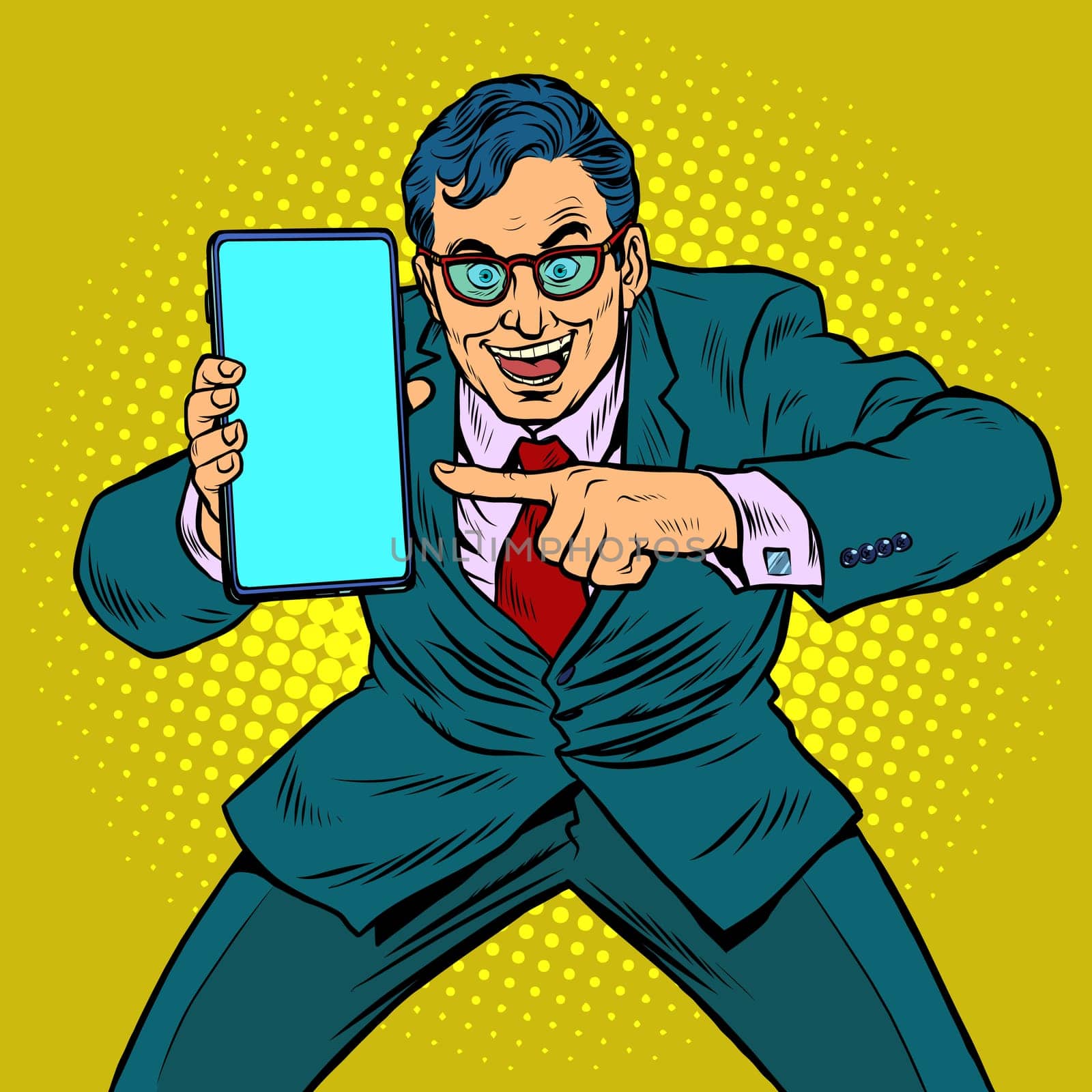 businessman shows on smartphone. Mobile technologies and new gadgets. Pop art retro vector illustration kitsch vintage 50s 60s style