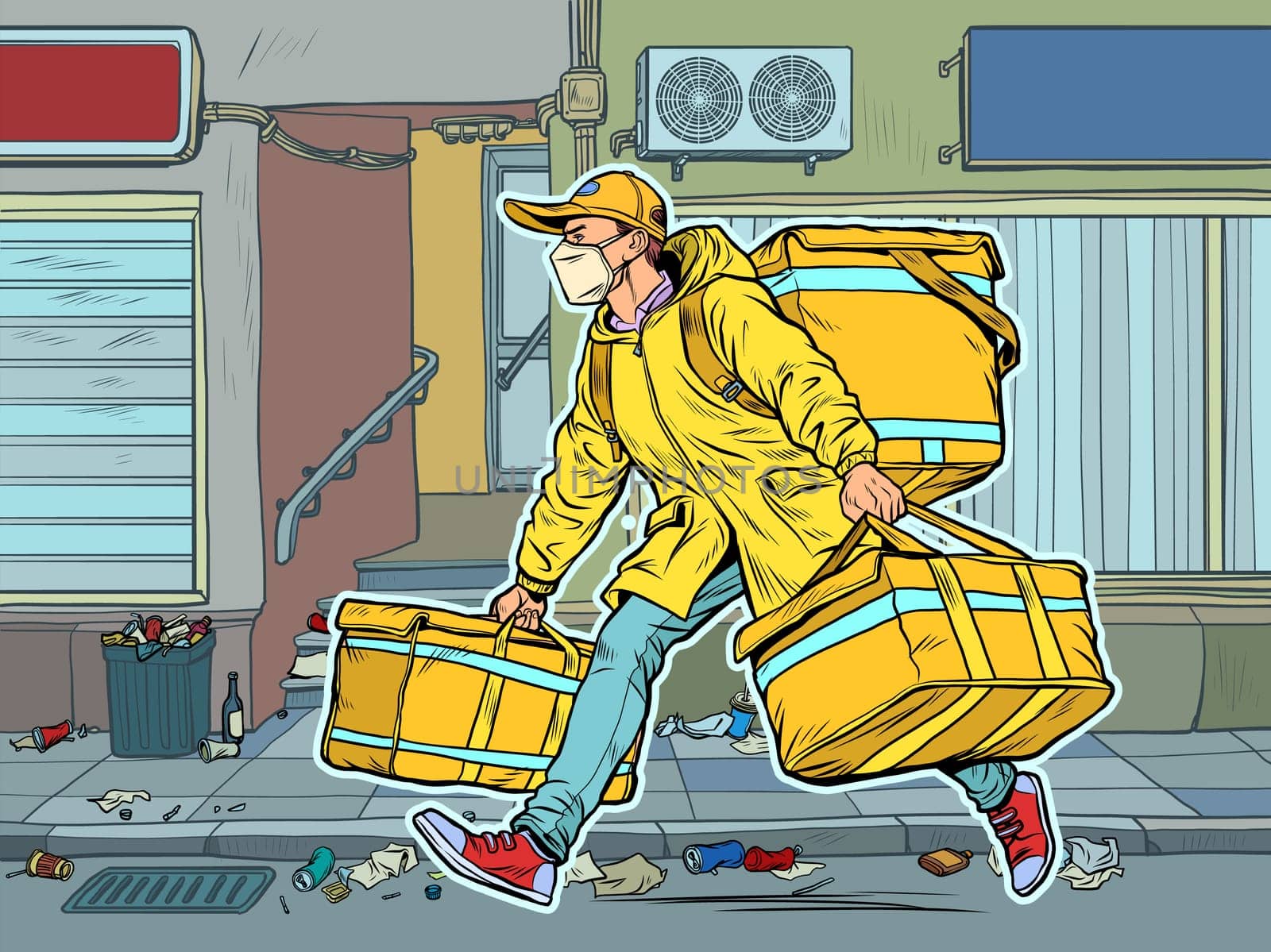 city street. courier in a medical mask. food delivery during the epidemic. Pop art retro vector illustration kitsch vintage 50s 60s style