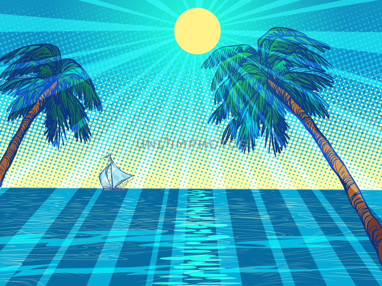 sun beach resort palm trees sea. Pop art retro vector illustration vintage kitsch 50s 60s style