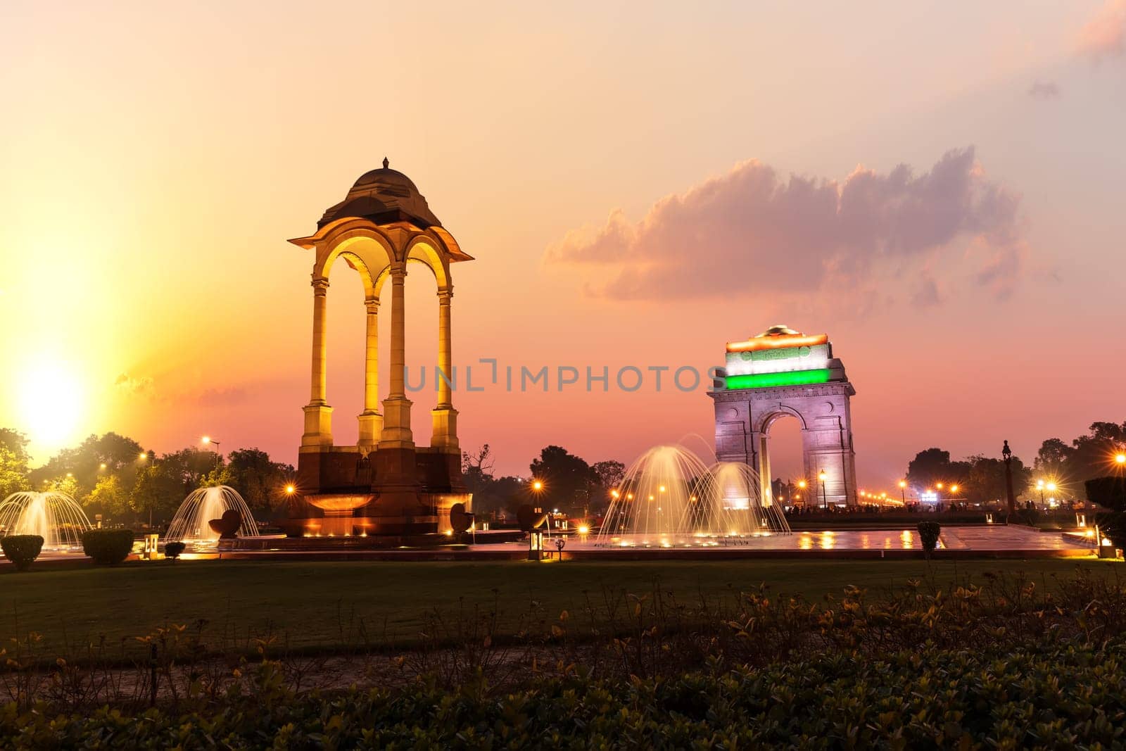 India Gate and the Canopy in the evening, New Delhi.