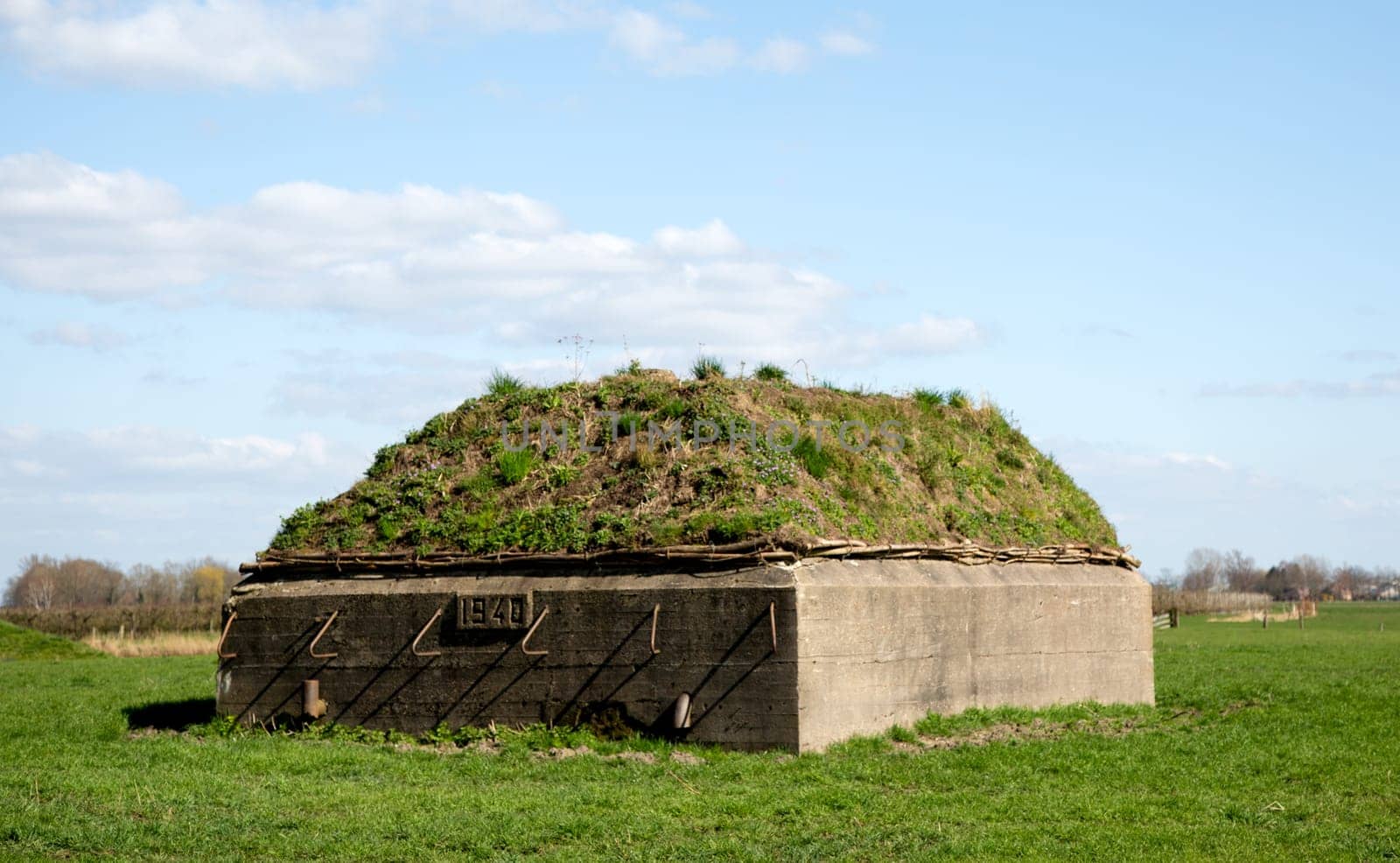 Defensive military fortification in a meadow..