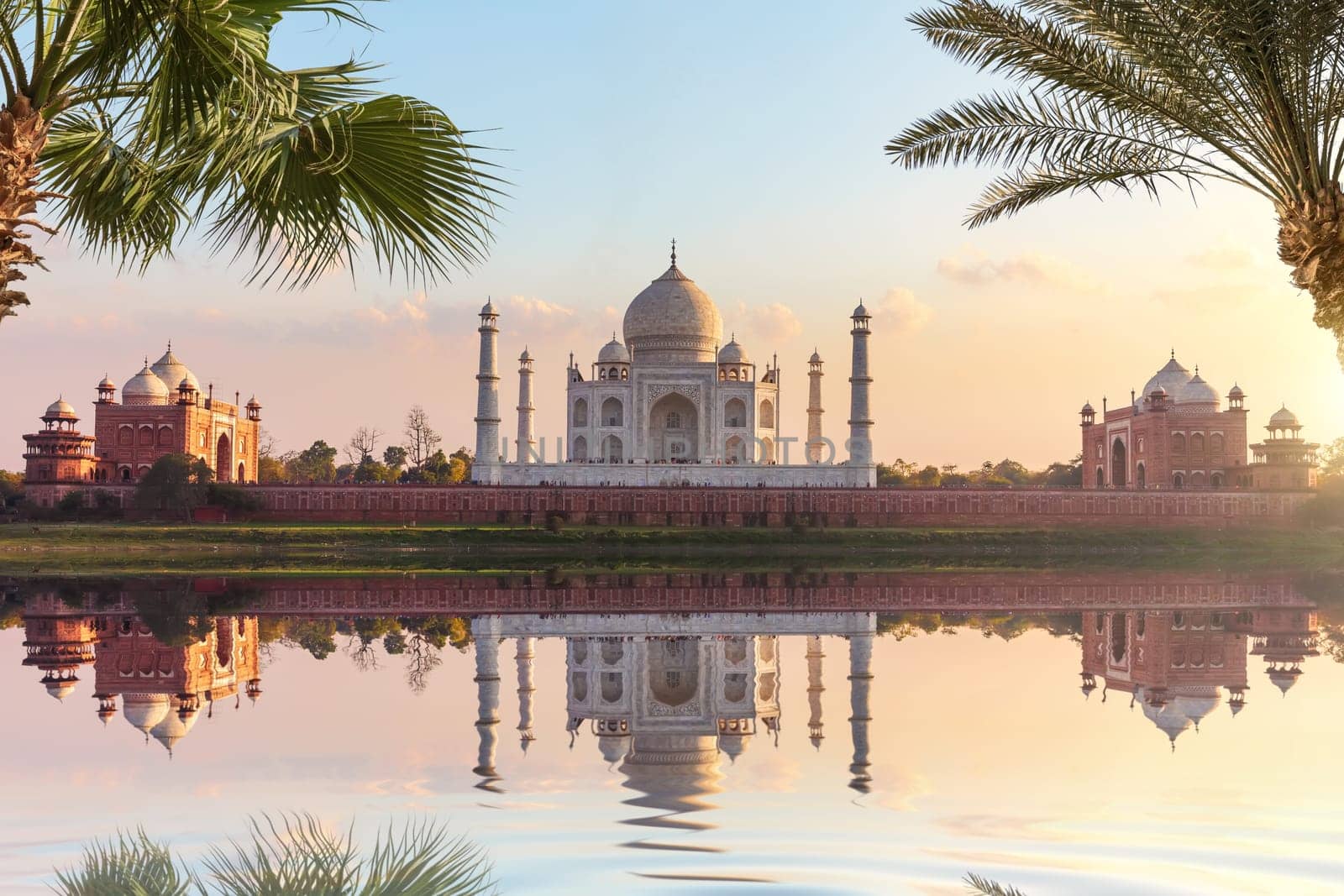 Taj Mahal Mausoleum on the bank of the Yumana, Agra, India.