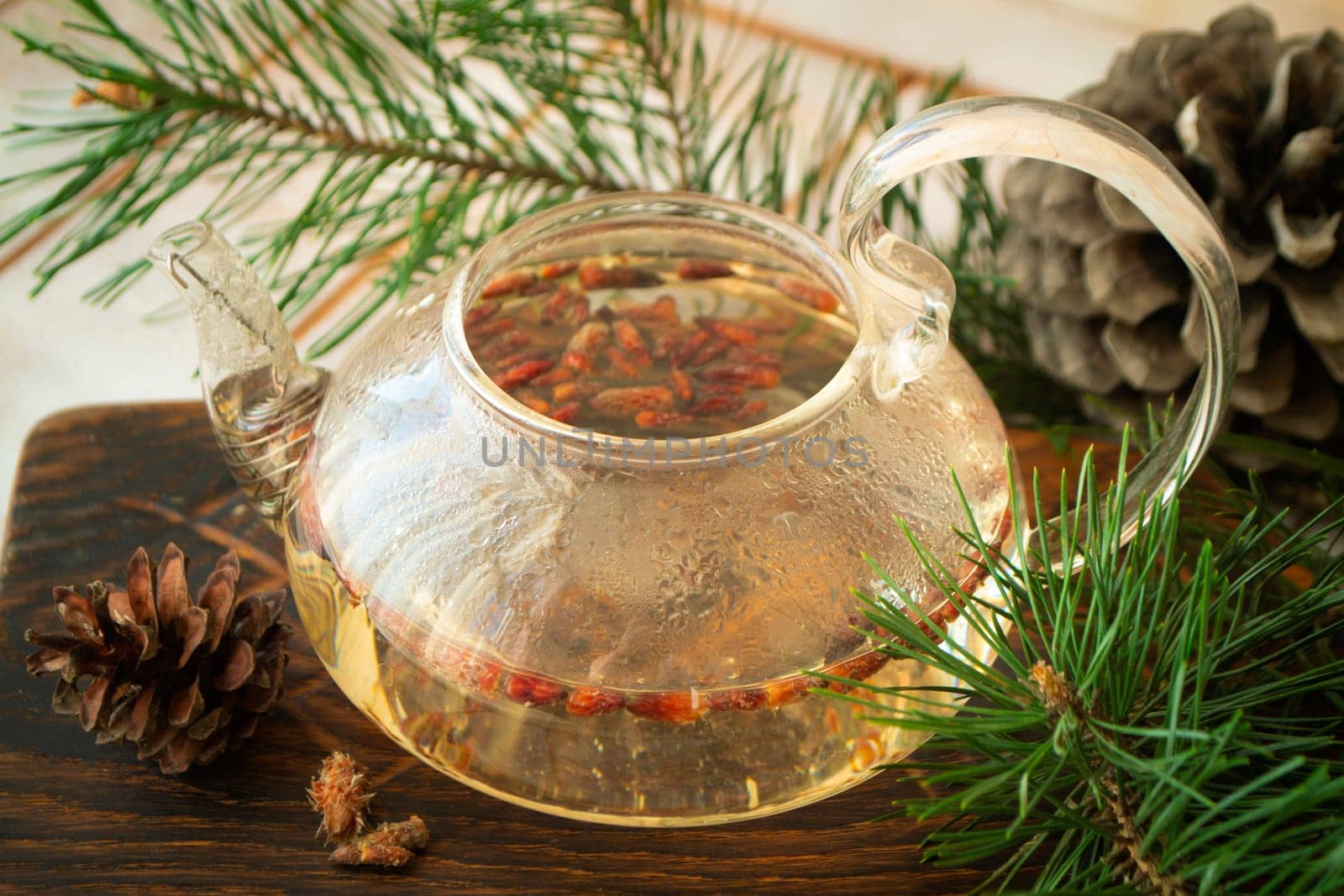 Herbal decoction with pine buds. Herbal tea, organic food