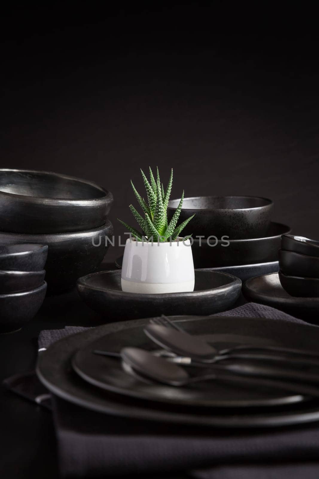Dishes in minimalistic black design. Pure black.
