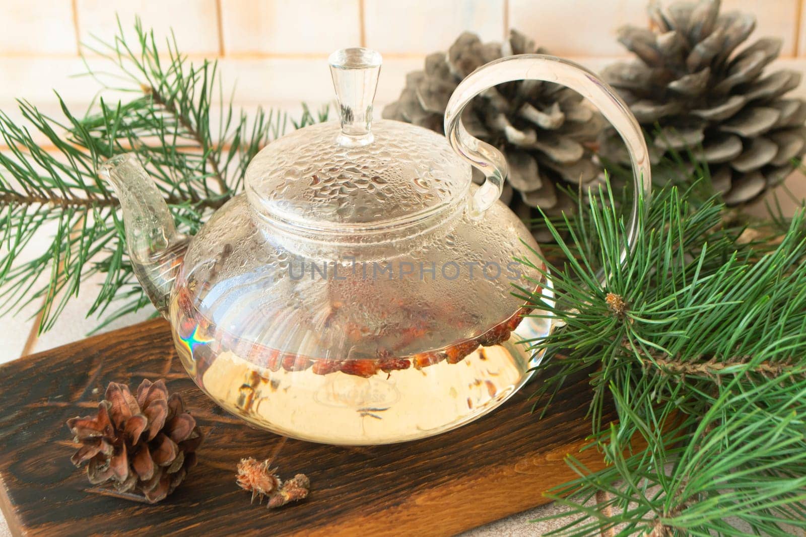 Tea with pine buds for treating colds. Herbal medicine. Style life