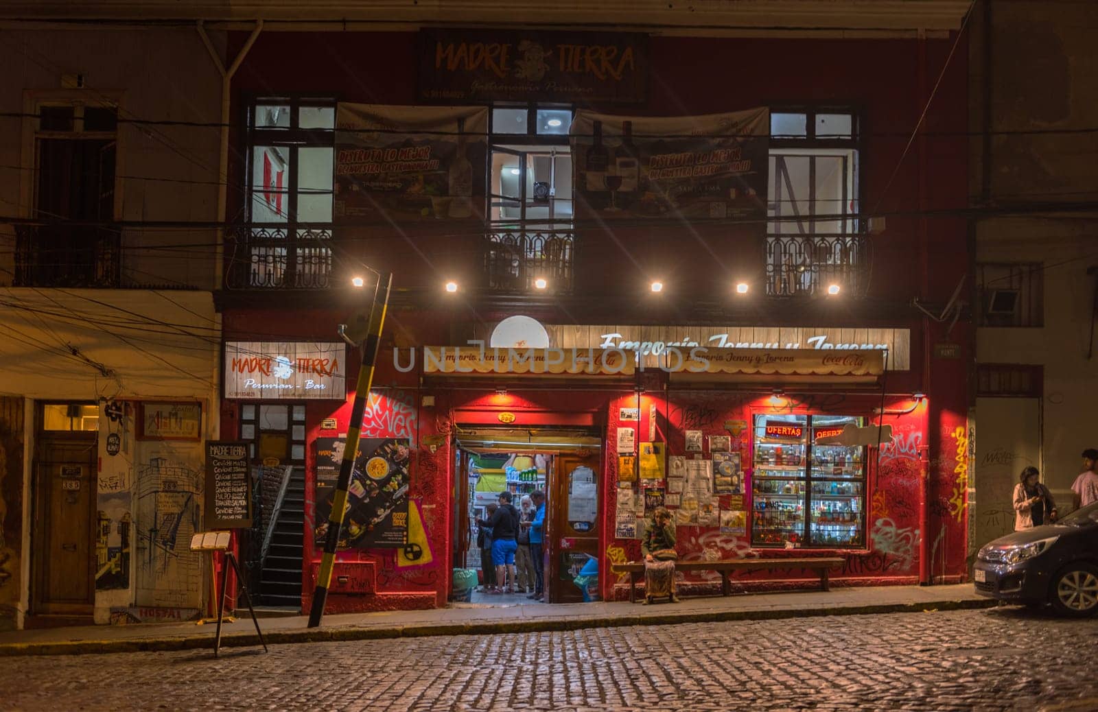 Grocery store at night in the old town of Valparaiso, Chile