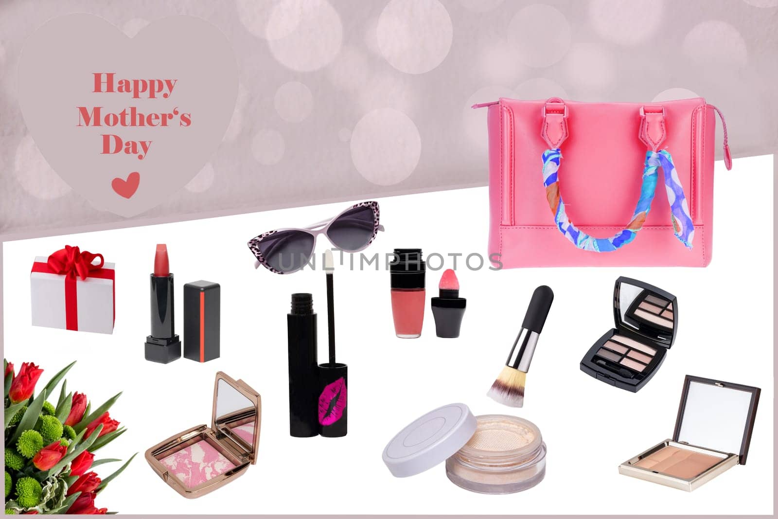 Mothers day greeting card. Decorative composition of feminine beauty products, a bag, a gift box and a bunch of red flowers on a white table over abstract background with mothers day inscription.