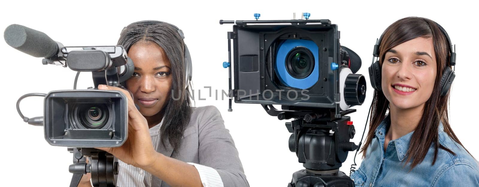 two young women with a professional video camera and headphone