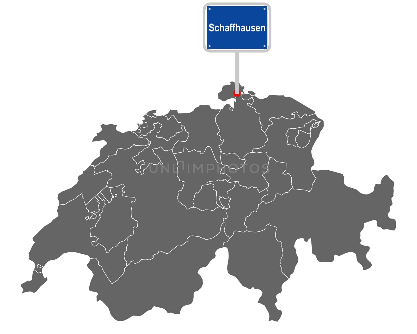 Landkarte der Schweiz mit Ortsschild von Schaffhausen
