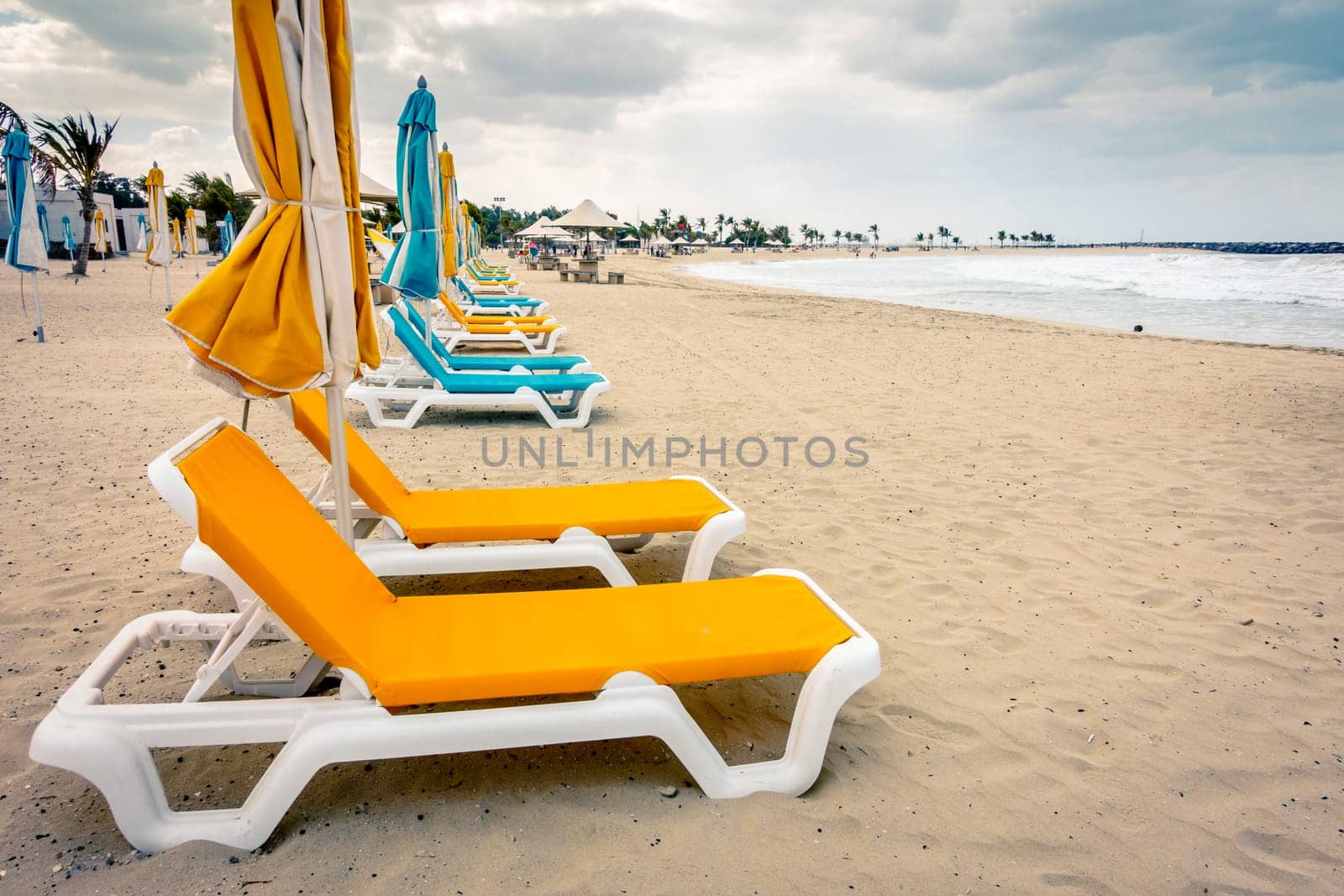 Empty beach at Al Mamzar Beach Park in Dubai, UAE