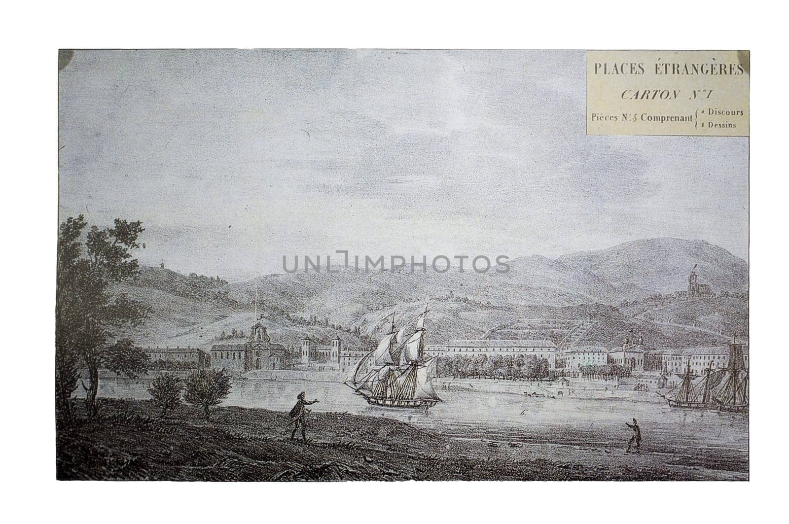 Bilbao city outskirts, circa 1700. Lithography by Langhume