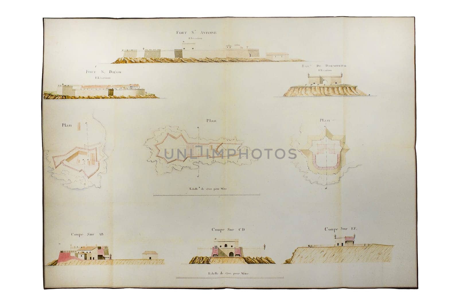 Historical plans and elevations of fortifications, La Corunna, 1824. Made by Perreau