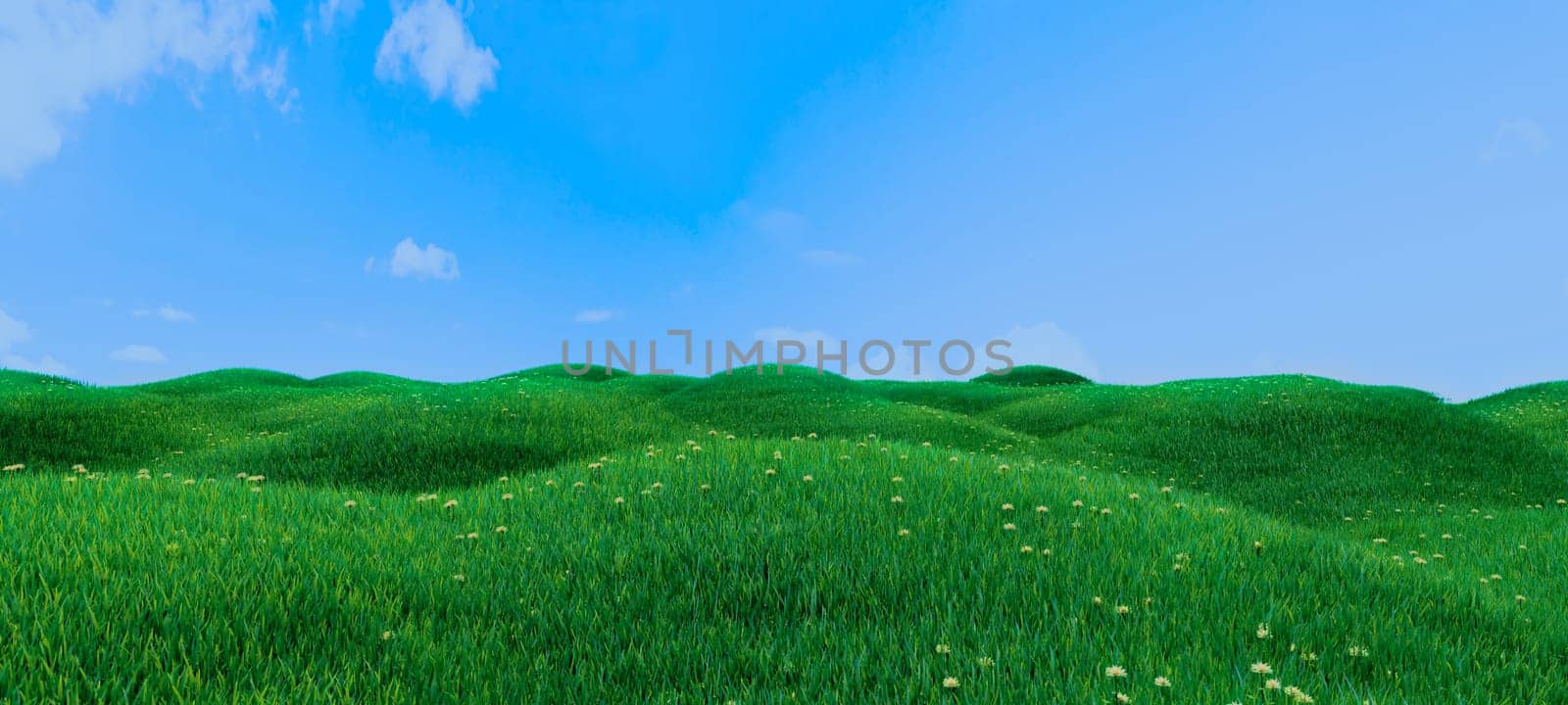 Green grass and flowers on hills and blue sky with clouds realistic baclground 3D rendering