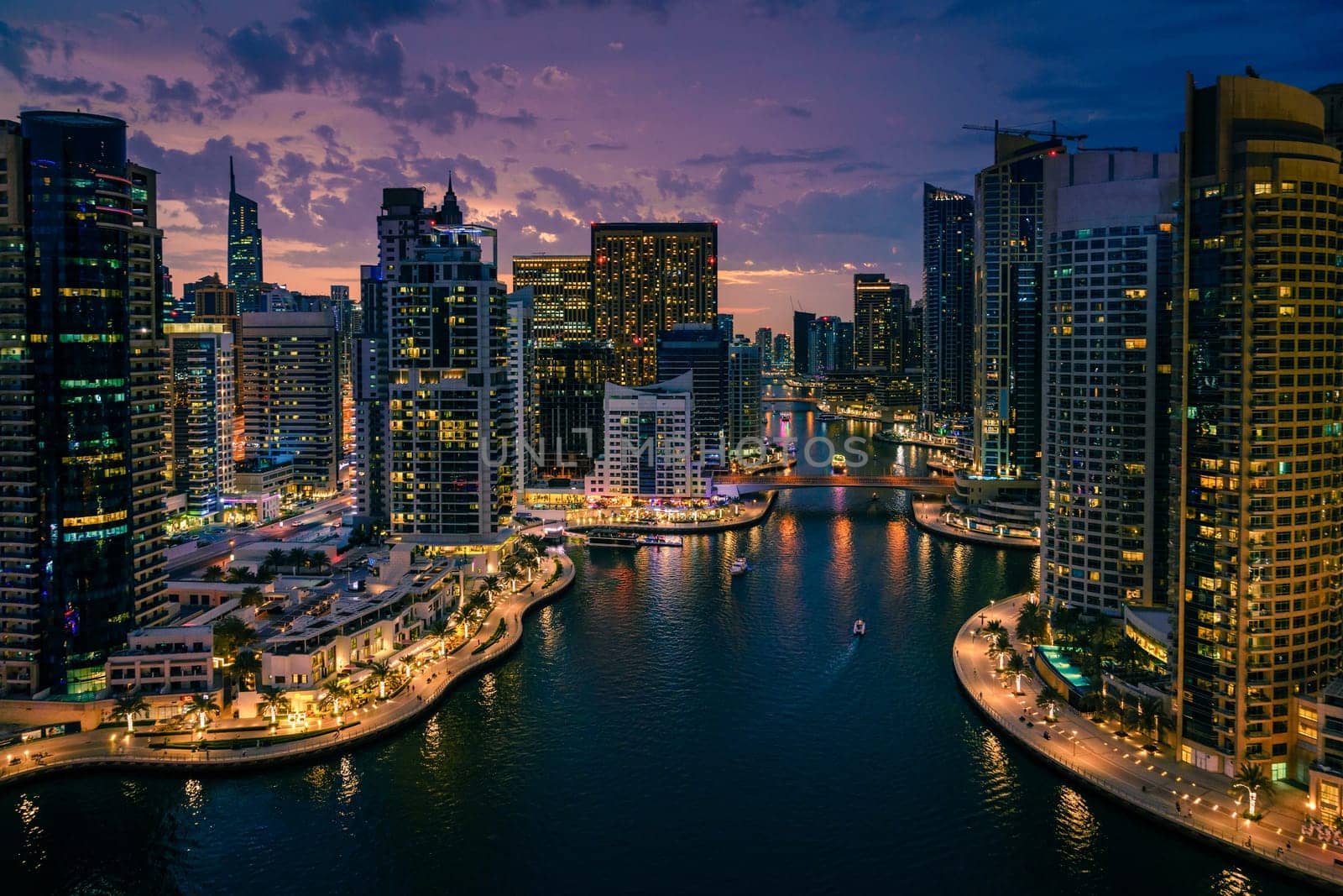 Scenic view of Dubai Marina, UAE after sunset