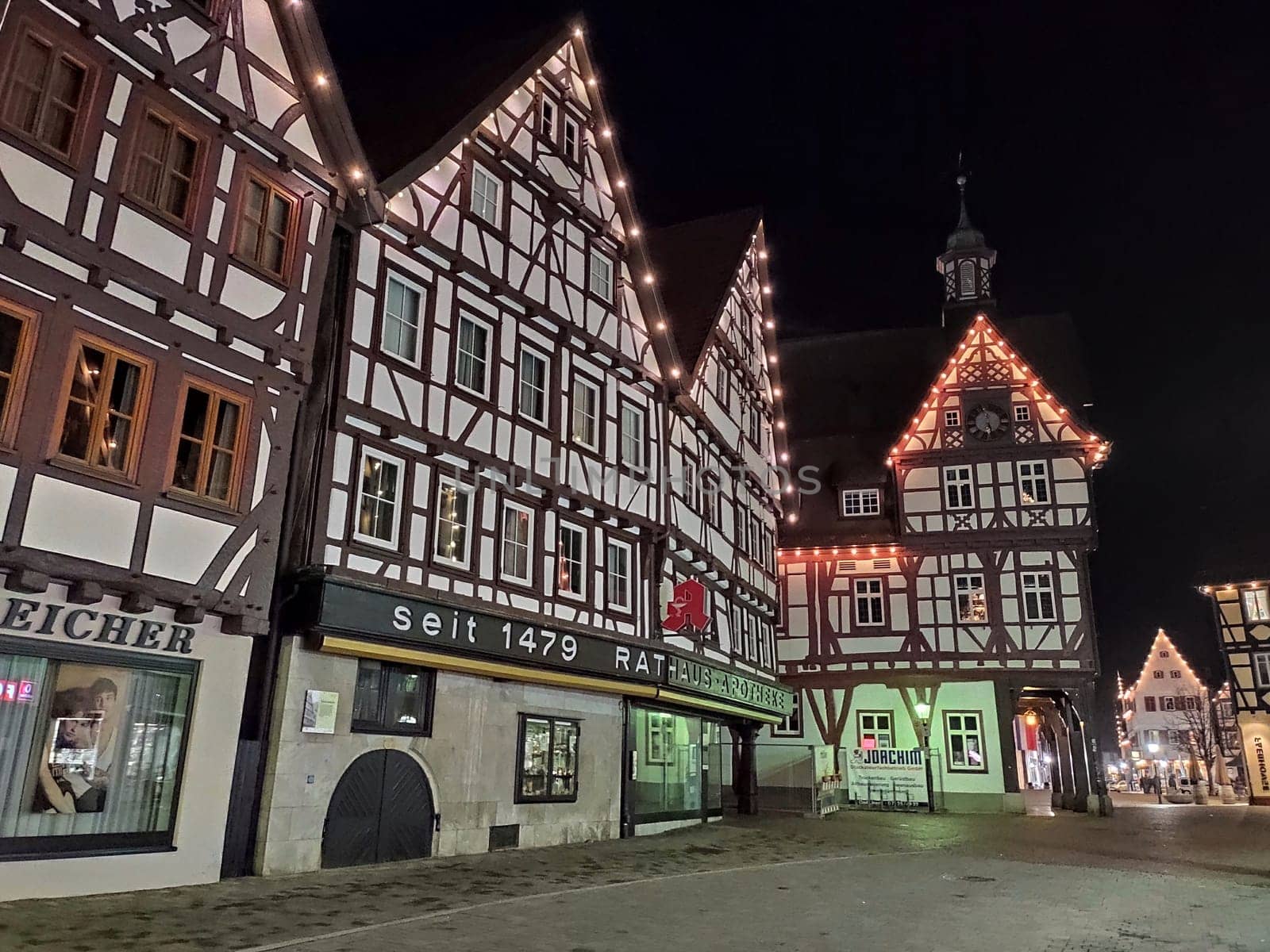 City hall pharmacy in Bad Urach, Germany (Rathaus-Apotheke), famous building, half-timbered house since 1479.
