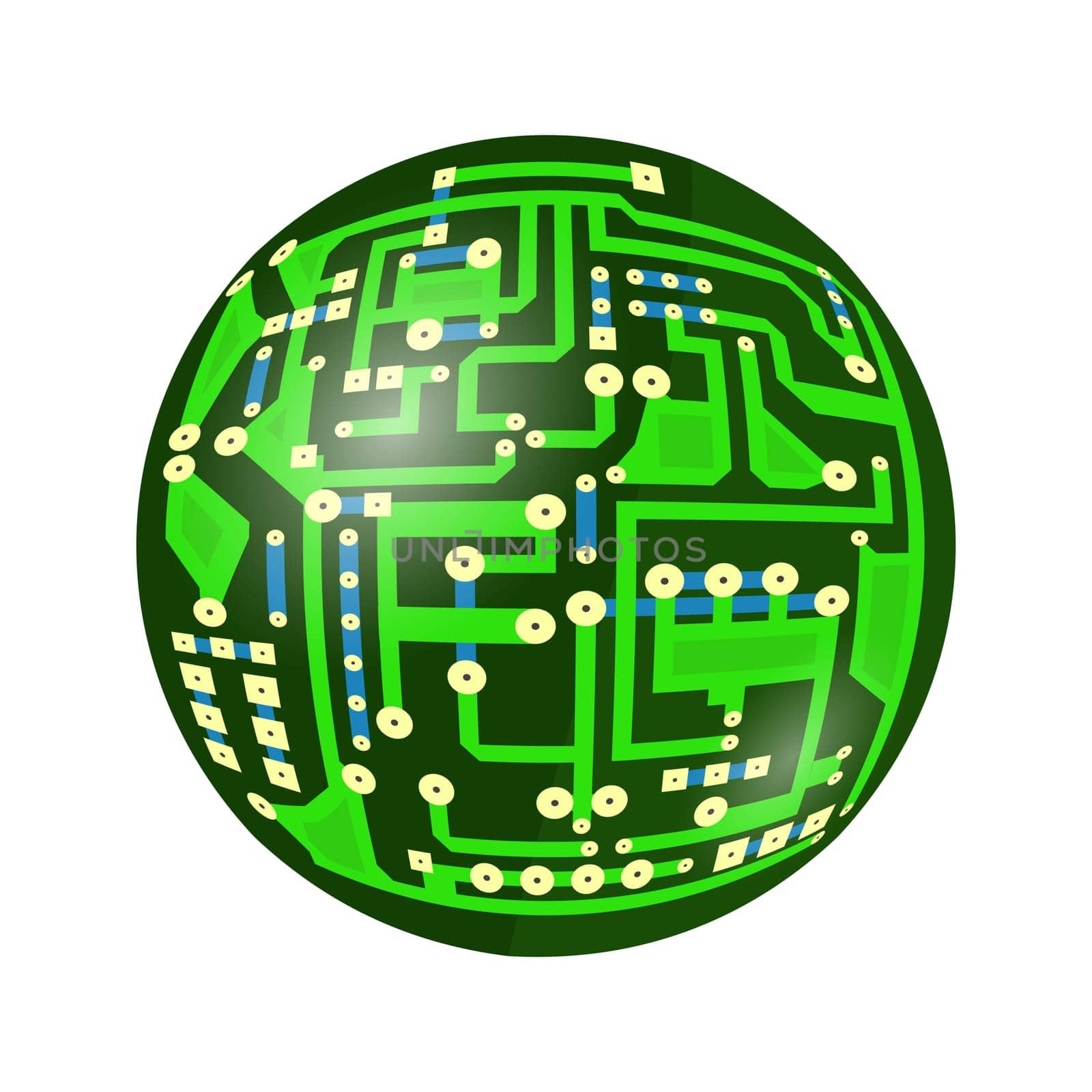 Green Circuit Board Isolated on White Background. Flat Design. Modern Computer Technology Background. Modern Sphere. High Tech Printed Symbol.