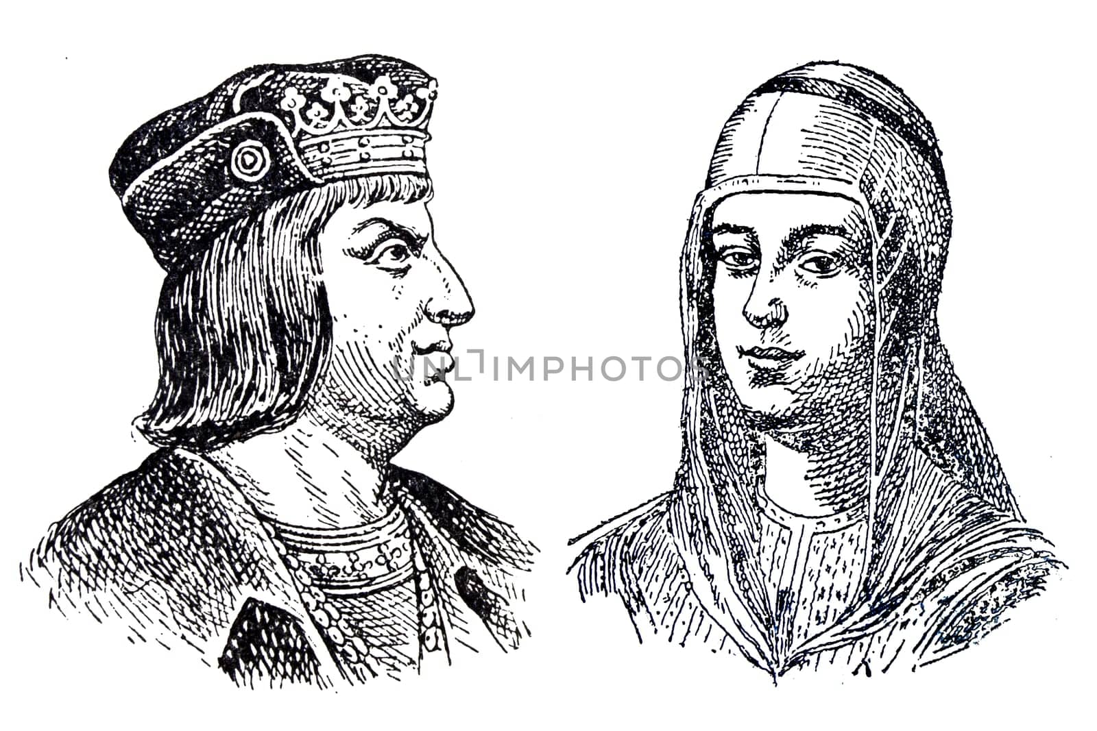 Portrait of Catholic Monarchs of Spain, Queen Isabella I of Castile and King Ferdinand II of Aragon. Draw from Enciclopedia Autodidactica by Carles Dalmau, 1954