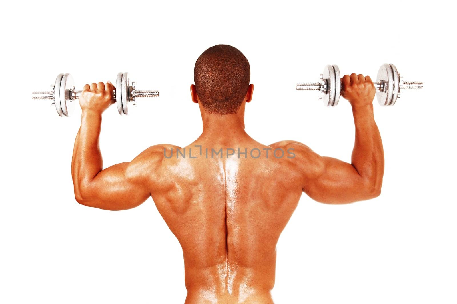 Close up image of a young man working out with two dumbbells.standing form the back, isolated for white background.